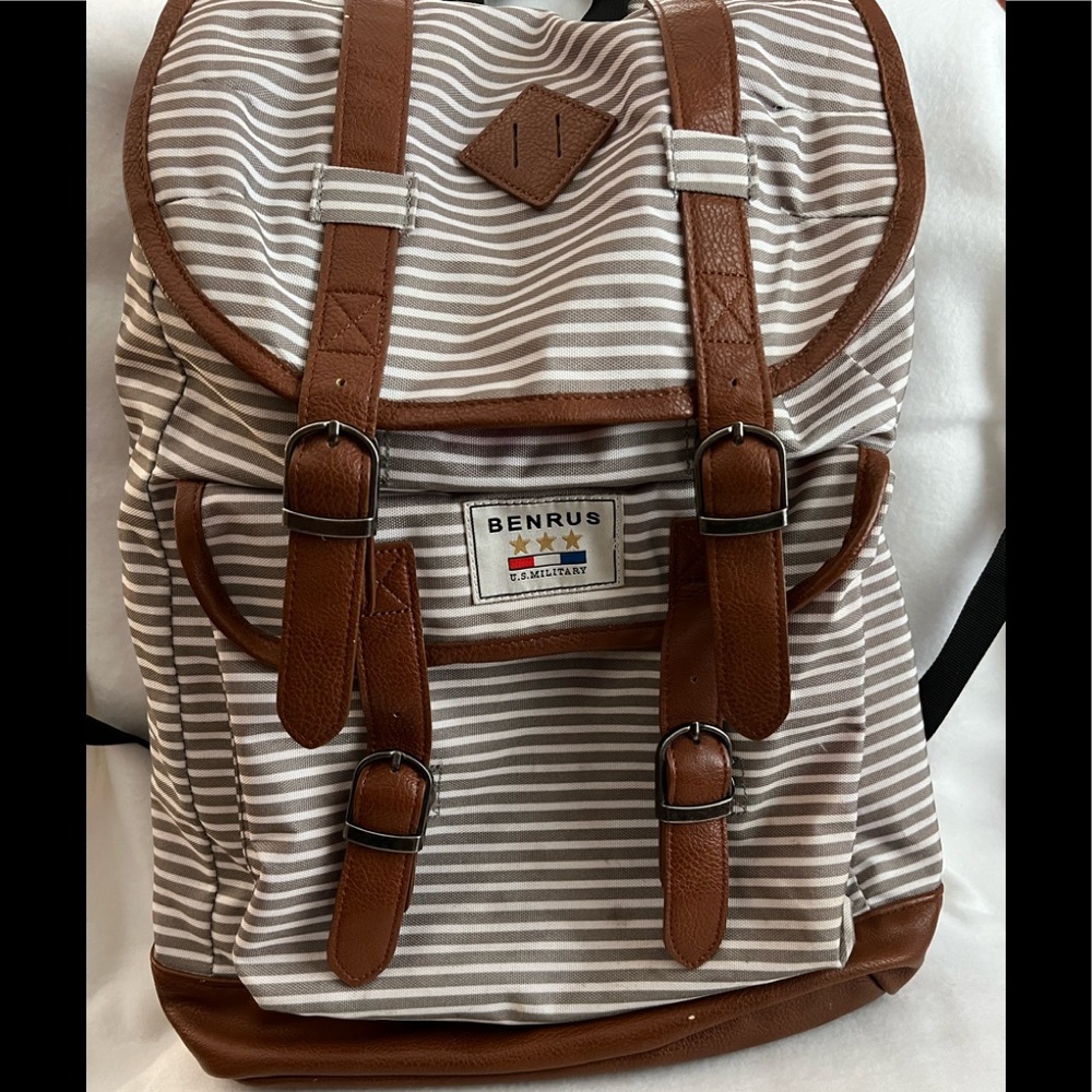 Benrus Unisex Rucksack Backpack Grey and White Stripes, Brown Leather Trim